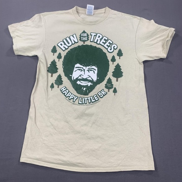 Bob Ross Run for the Trees Shirt Mens Medium Tan Happy Little 5K Graphic Tee - Picture 1 of 9